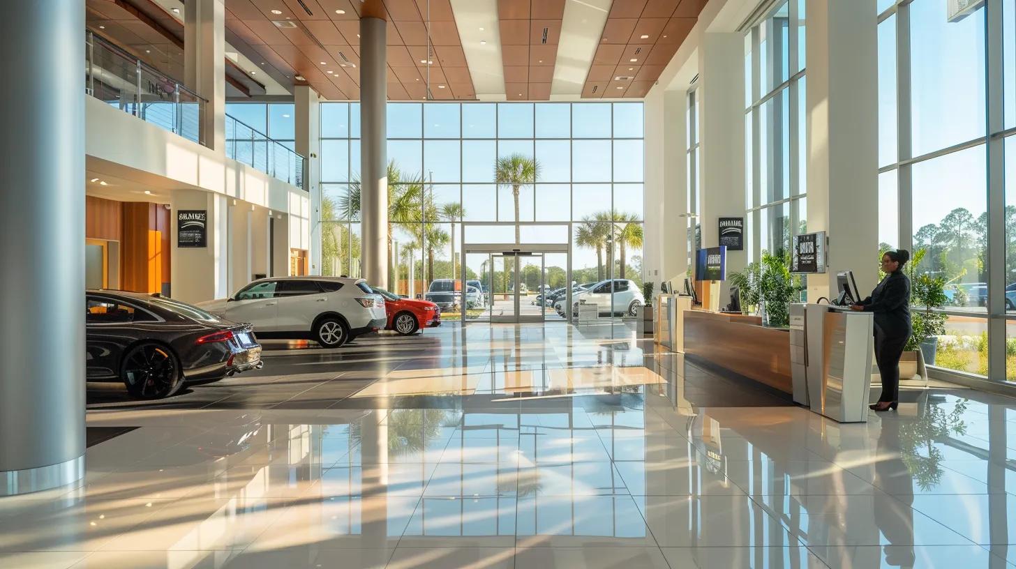 a bright and modern dealership office in tallahassee showcases a welcoming atmosphere, featuring glossy used cars prominently displayed through large glass windows, while a friendly staff member engages with a satisfied customer amidst sleek financing brochures and promotional materials.