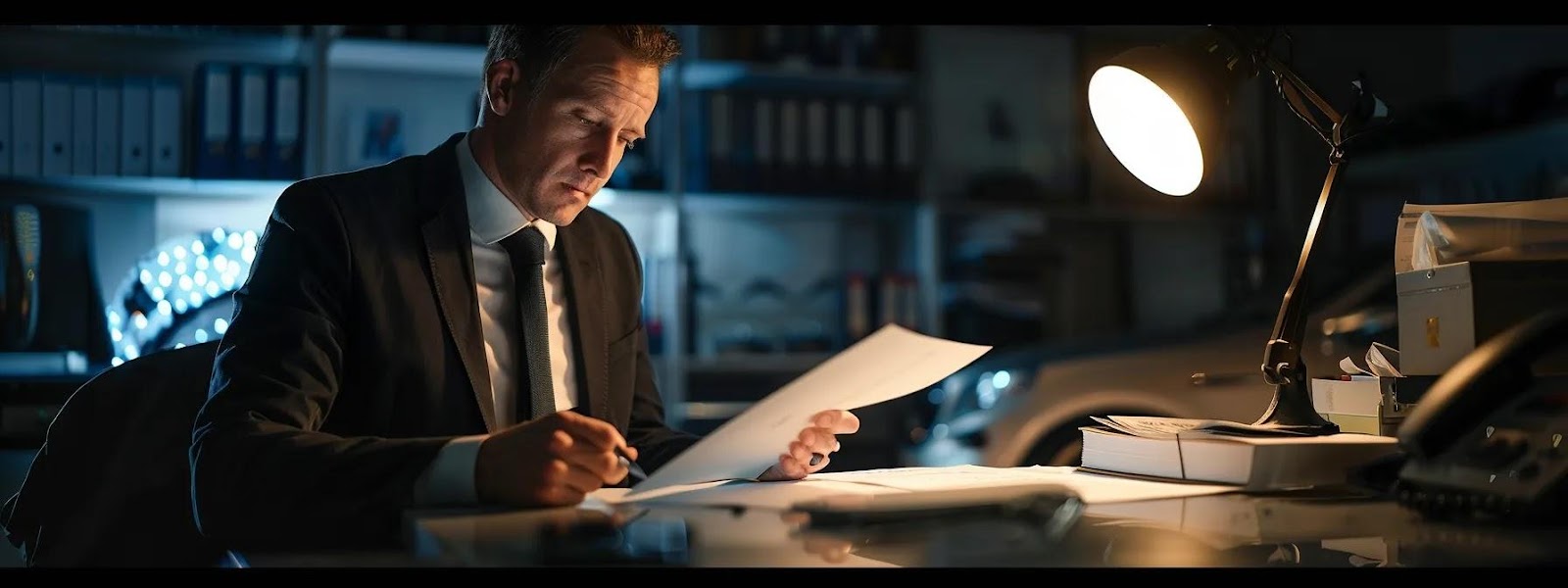 a skilled lawyer examining car accident evidence in a dimly lit office.