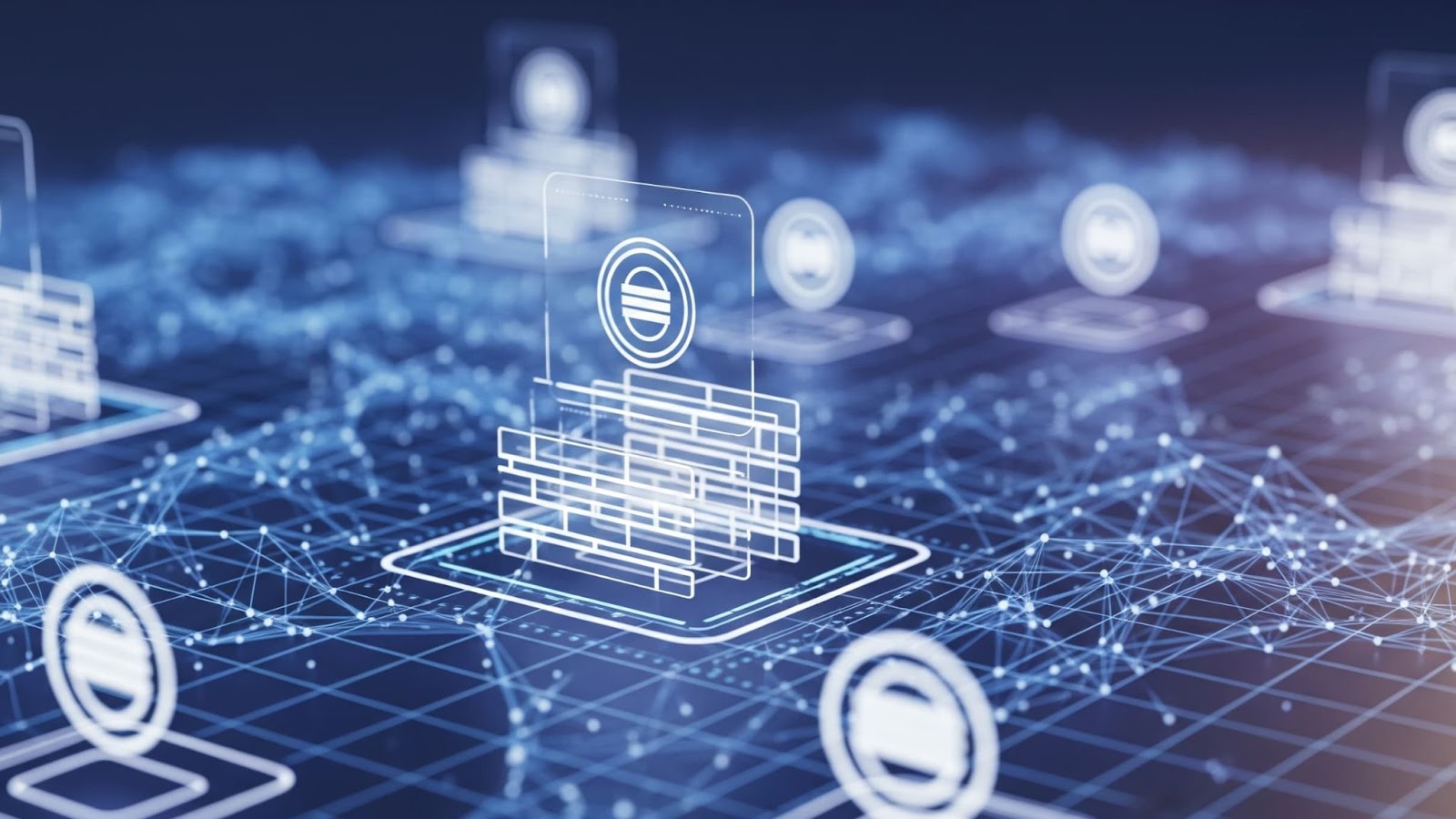 A high-tech network with digital security measures, vital for implementing and maintaining security controls for compliance.
