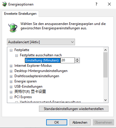 Erweiterte Energieeinstellungen ändern, damit der PC nicht immer wieder neu startet