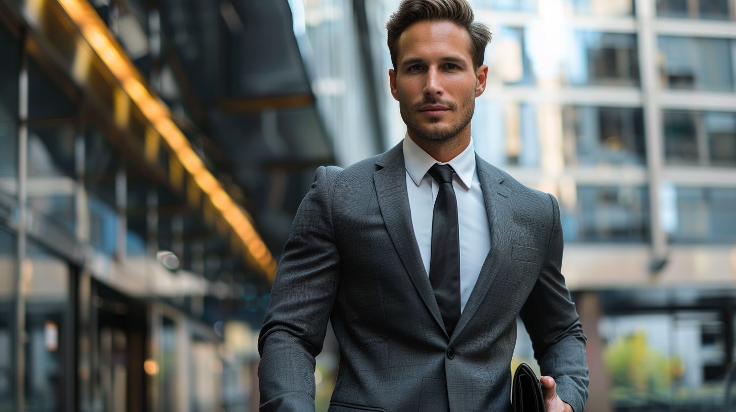 A man in a charcoal business suit with a tie and briefcase, professional and clean, in a city office district