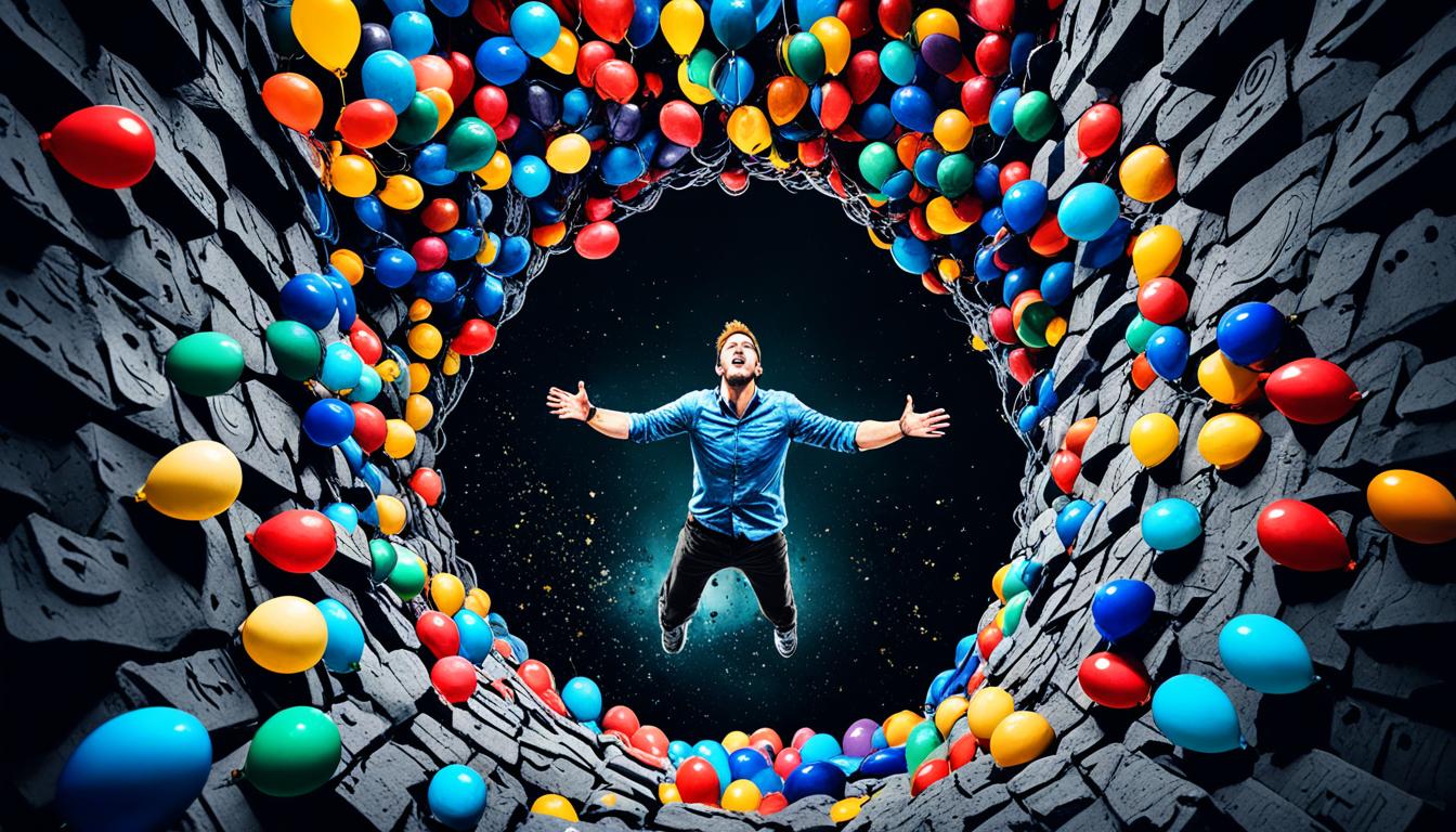 A person standing at the bottom of a deep, dark hole, with their hands outstretched but unable to climb out. Above them are colorful balloons representing their dreams and desires, but they seem just out of reach. The surrounding walls of the hole are covered in negative thoughts and limiting beliefs, like graffiti scrawled in black ink. The person is wearing heavy chains, symbolic of the weight of their self-doubt and fear.