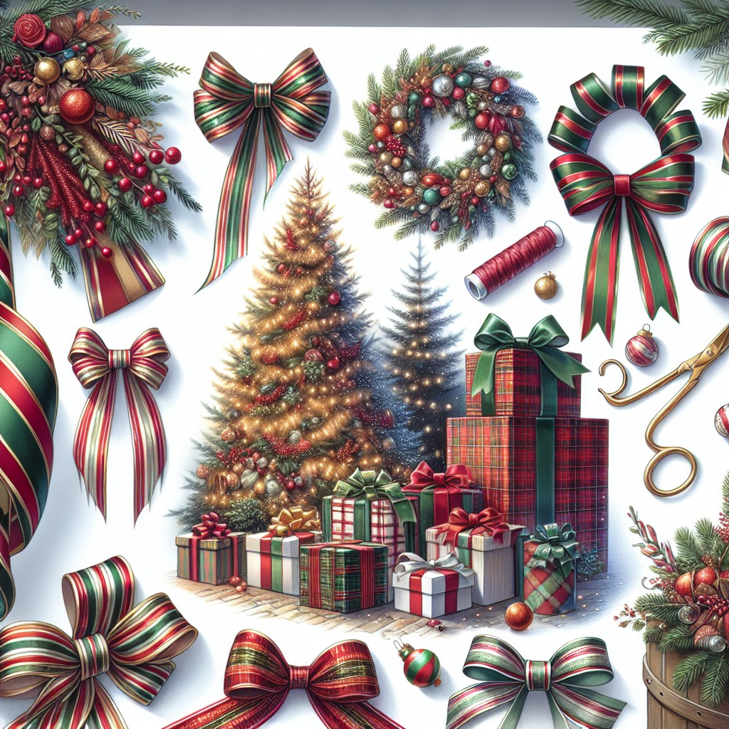 Christmas tree with plaid gifts and ribbons