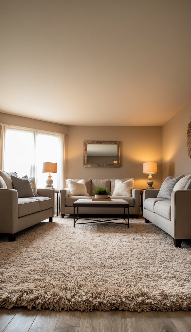 A cozy living room with a beige shaggy area rug, surrounded by neutral-toned furniture and warm lighting