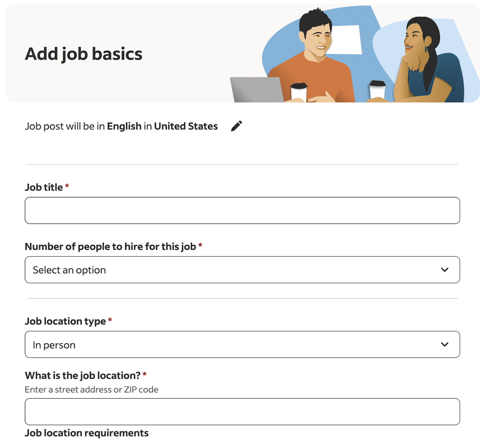 Screenshot of an Indeed job posting page titled 'Add job basics.