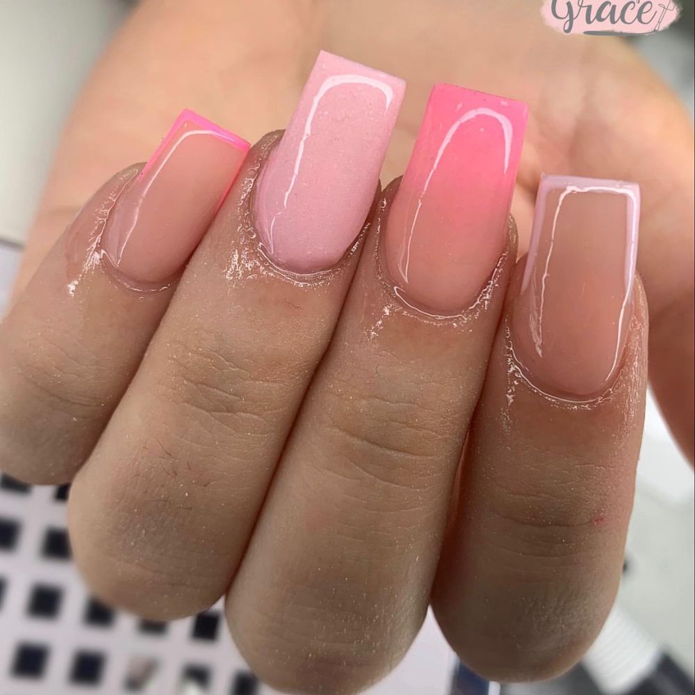 Close up of nails with simple pink nail designs having Pink and Nude Nails