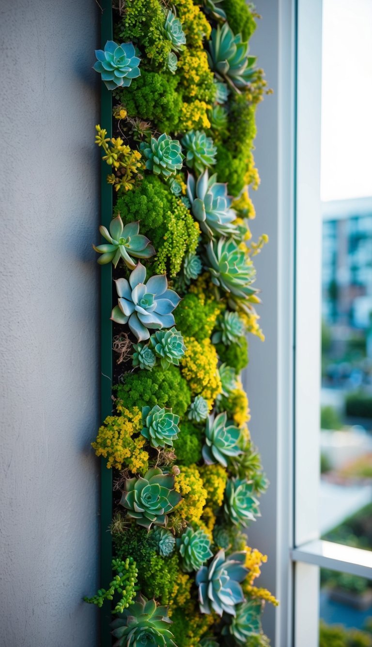 A vertical garden with a variety of succulents cascading down a corner wall, creating a vibrant and lush display of natural art