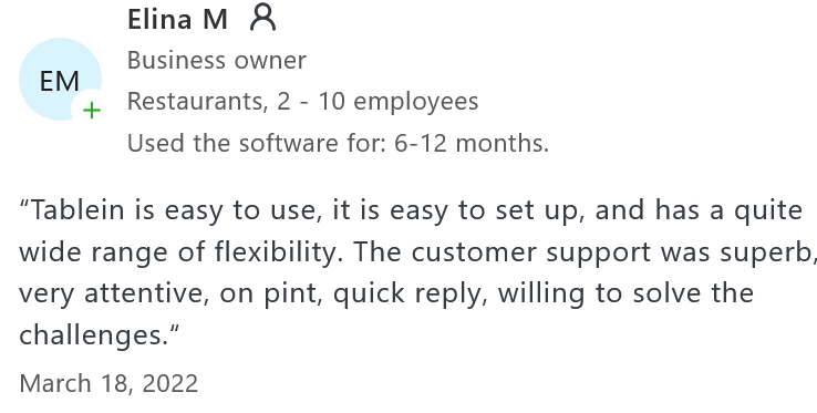 Tablein customer review on Capterra