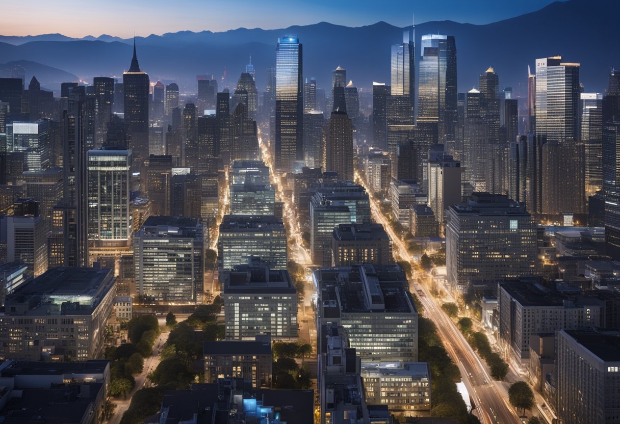 A bustling city skyline with various real estate properties, surrounded by digital marketing elements like keywords, search bars, and website icons