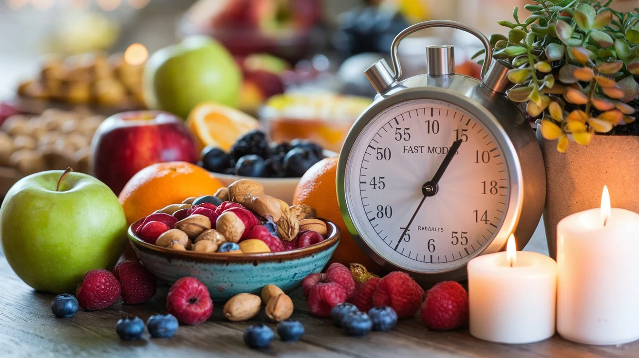 A kitchen timer surrounded by various foods, illustrating the concept of intermittent fasting.