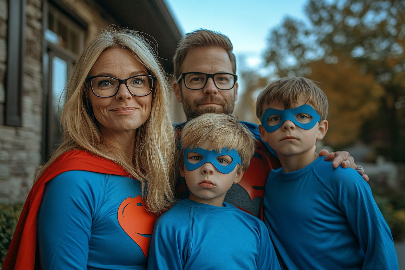 A happy family dressed as superheroes | Source: Midjourney