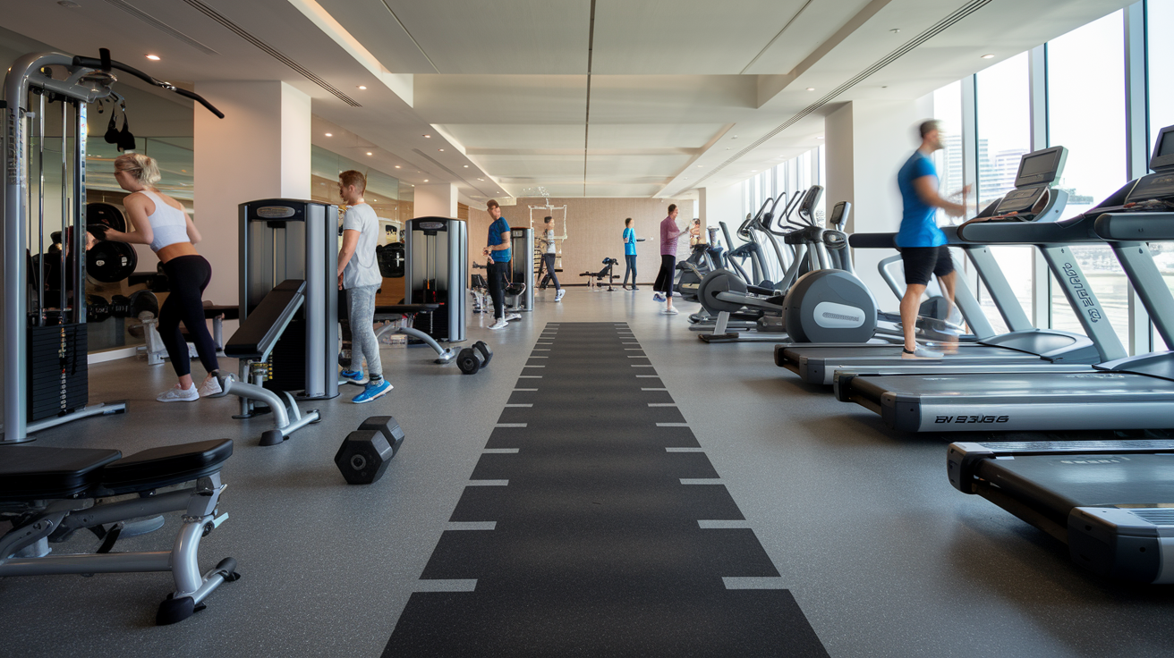 Create a realistic image of a modern gym or fitness center with rubber flooring rolls visible in black and gray colors, showing the floor's durability as people exercise, with good lighting highlighting the non-slip surface, shock absorption properties, and clean, professional appearance of the rubber flooring installation.