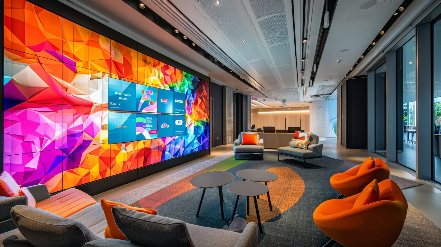 a bold, modern office space showcases a vibrant brand narrative presentation, featuring a large screen displaying dynamic visuals and colour schemes that capture audience engagement and convey emotional storytelling through compelling graphics.