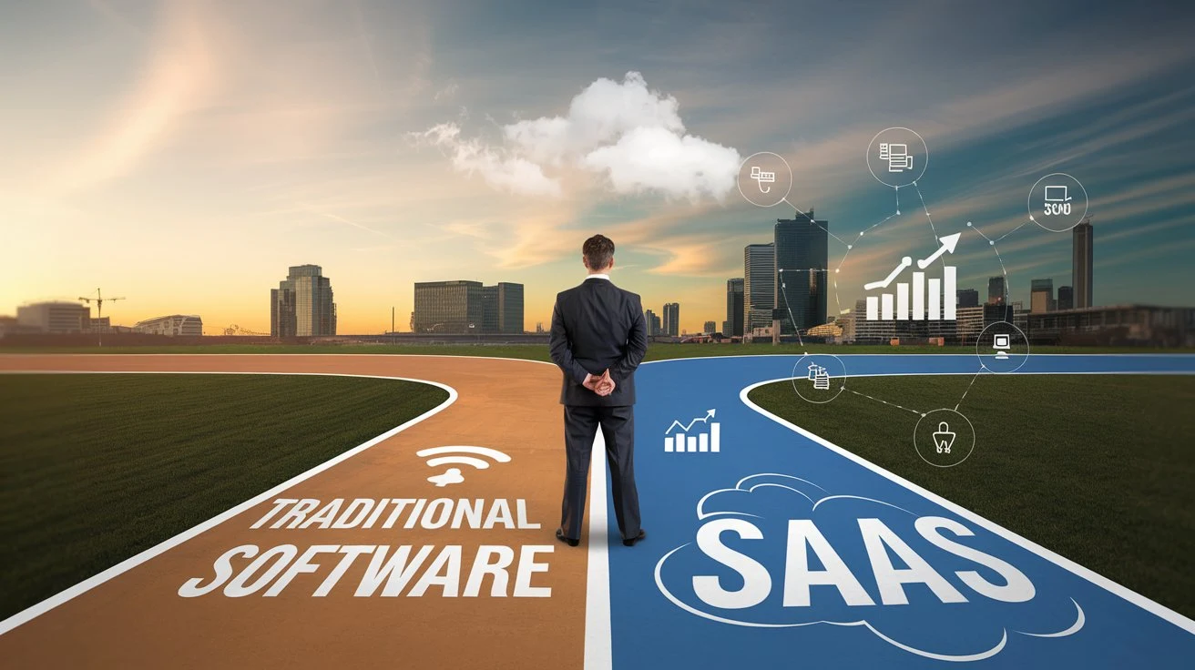 A businessperson standing at a crossroads, with one path leading to traditional software and the other to SaaS. The SaaS path has clouds and success icons like growth charts.