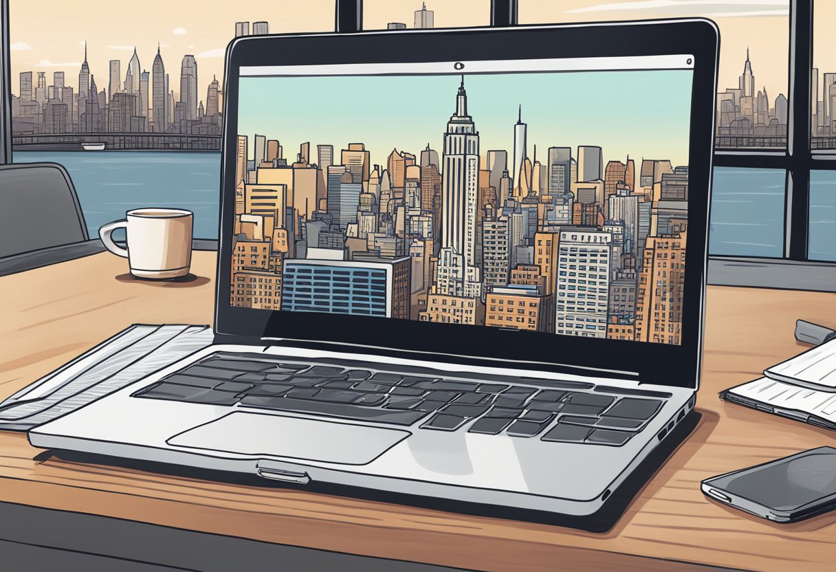 A laptop open on a desk, showing a search engine with the words "Online Therapist NYC" typed in, with a city skyline visible through a window in the background