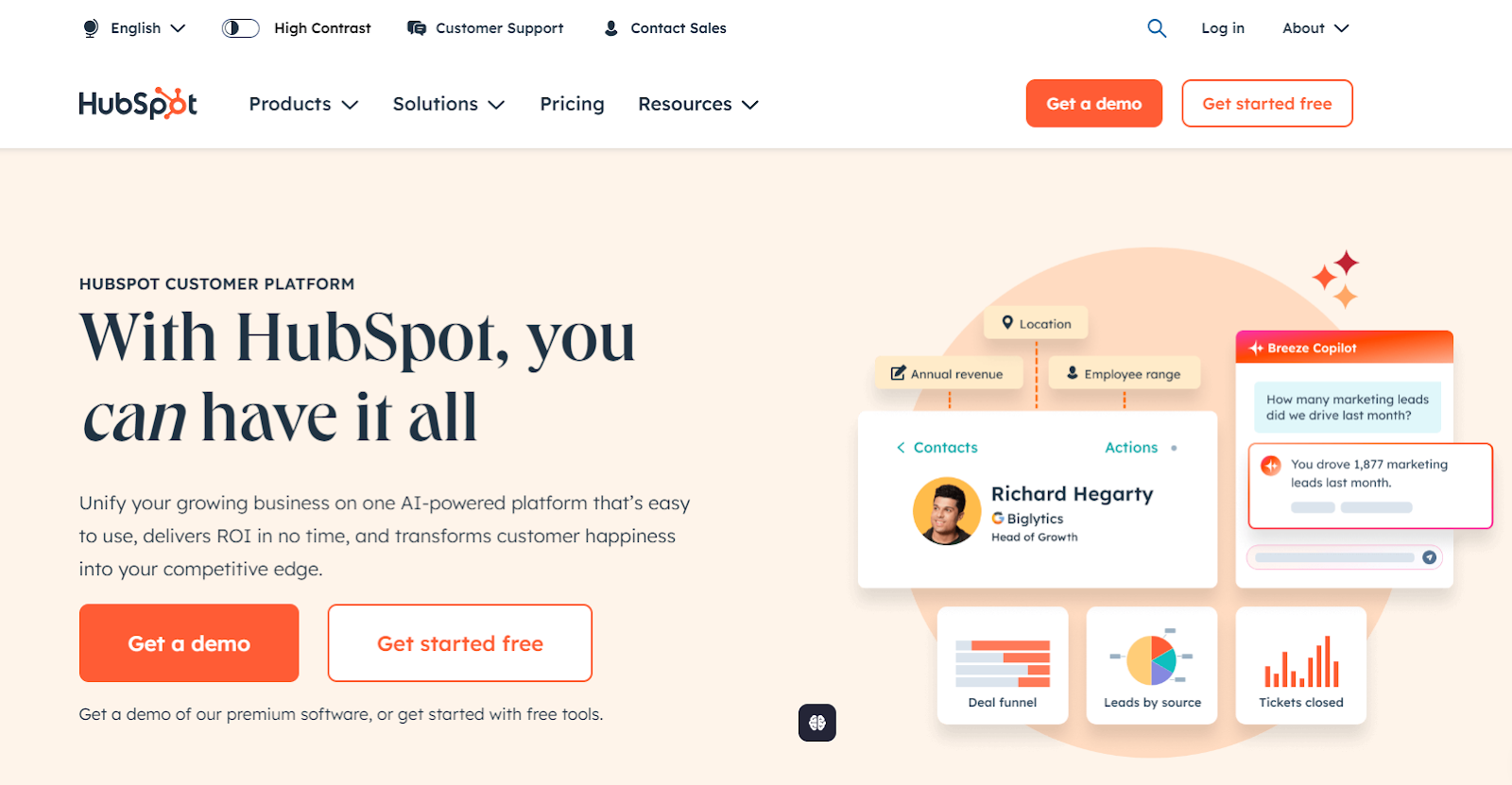 hubspot homepage screenshot