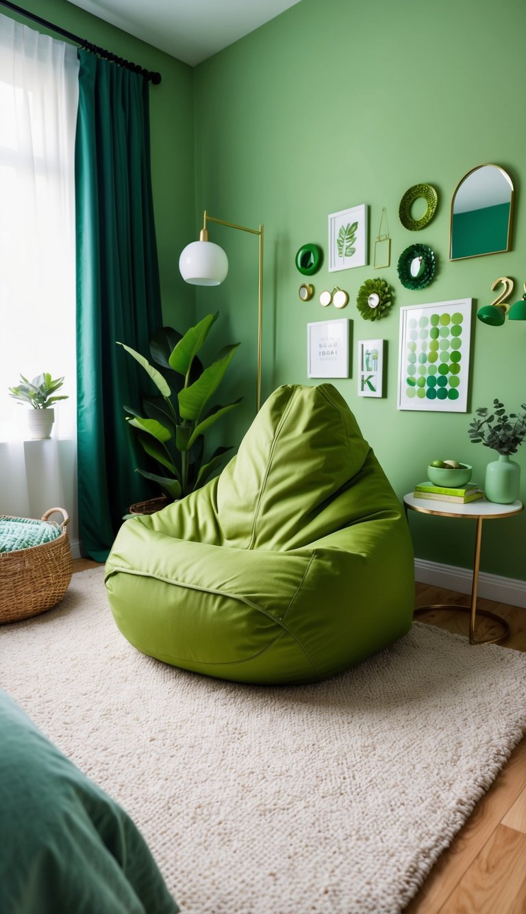 An avocado green bean bag sits in a cozy green bedroom, surrounded by 23 green decor ideas