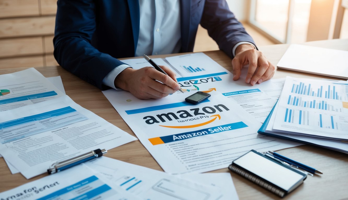 A person researching and comparing different insurance policies for an Amazon seller, with various policy options and documents spread out on a desk