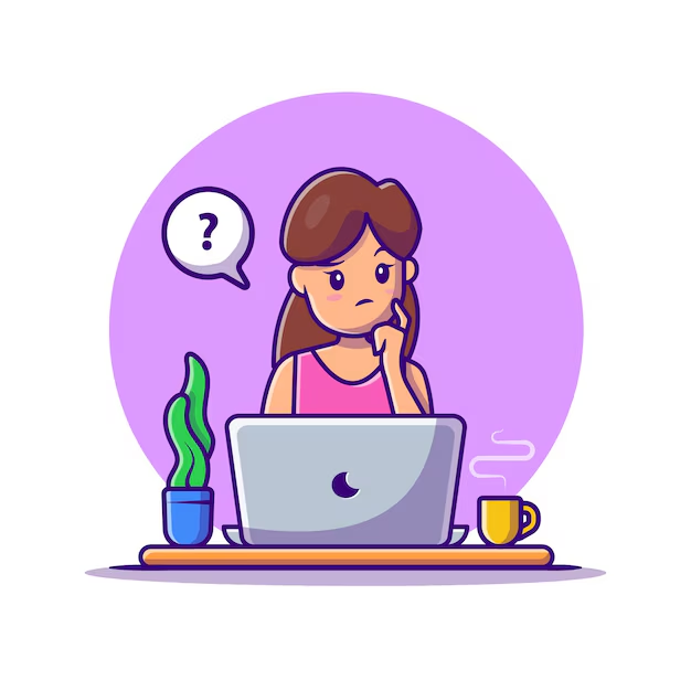 Graphic of a girl working on a laptop and thinking about her task