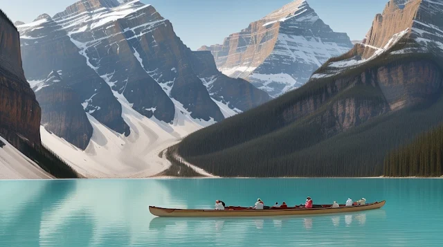 Experience the serenity of Lake Louise, with turquoise waters reflecting snow-capped peaks and lush evergreens in Canada’s stunning Banff National Park.