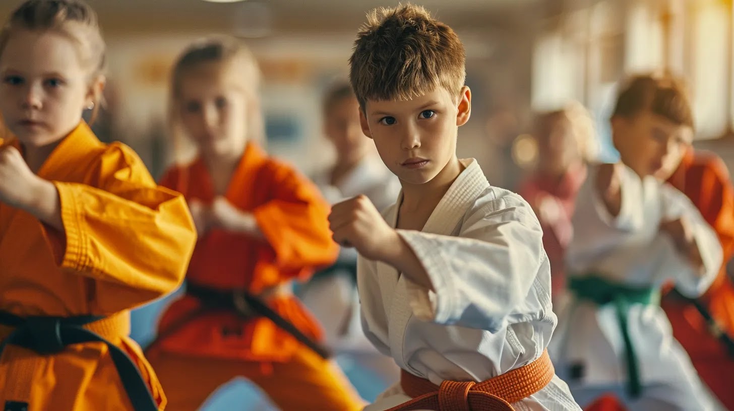 a vibrant dojo filled with enthusiastic children in colorful karate uniforms, striking confident poses under soft, natural lighting that emphasizes their determination and teamwork.