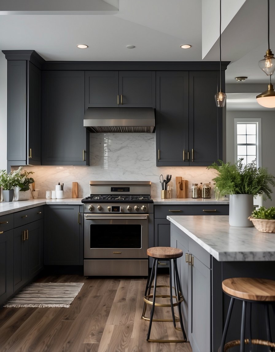 The misty grey 32 dark gray kitchen cabinets stand tall and sleek, contrasting with the light-colored walls and countertops