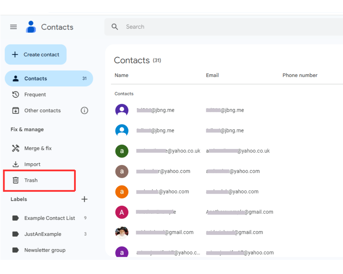 How to recover deleted contacts in Gmail: Open Google Contacts and click the Trash icon