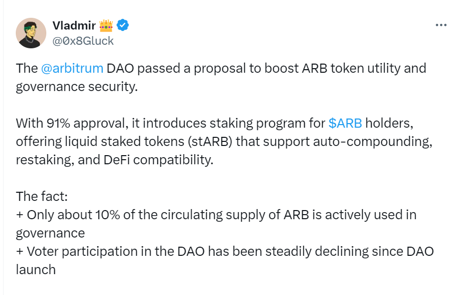 Arbitrum DAO Approves Staking