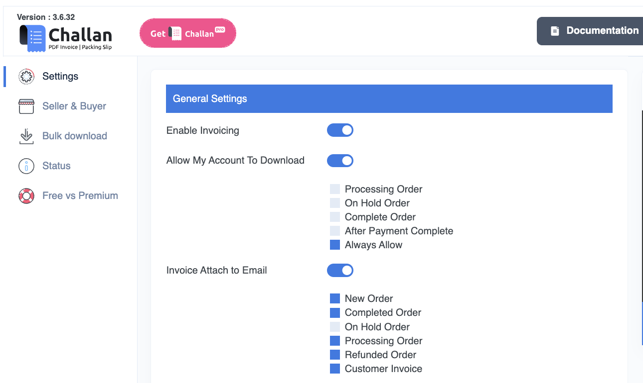 Challan settings look