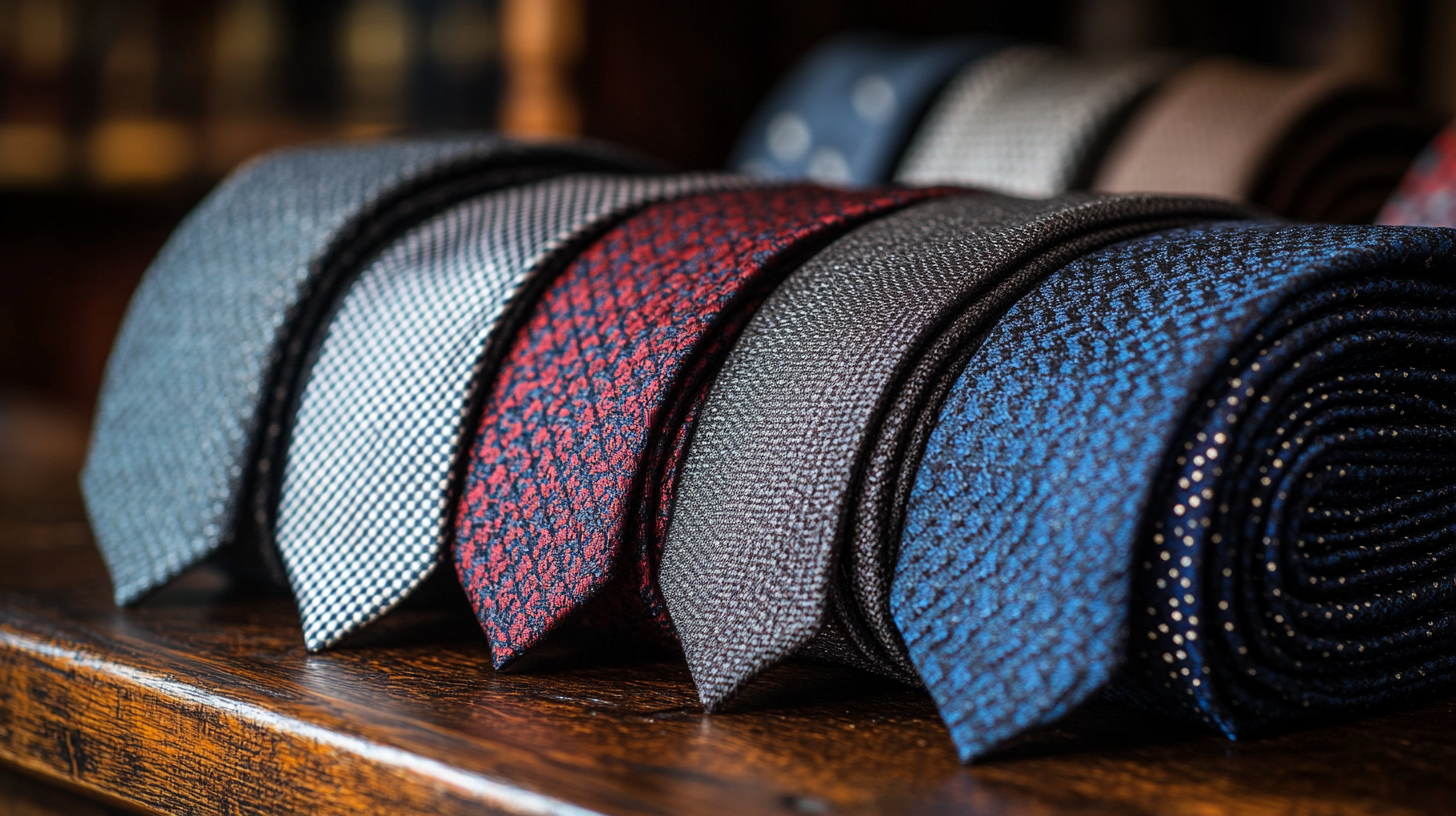 A collection of wedding ties neatly folded and displayed on a textured wooden surface. Included are a classic black tie, a subtle grey tie with a small pattern, a deep burgundy tie, and a navy tie with a smooth fabric finish. Each tie is carefully folded to showcase their elegant texture, creating a sophisticated and refined appearance for formal wedding attire.