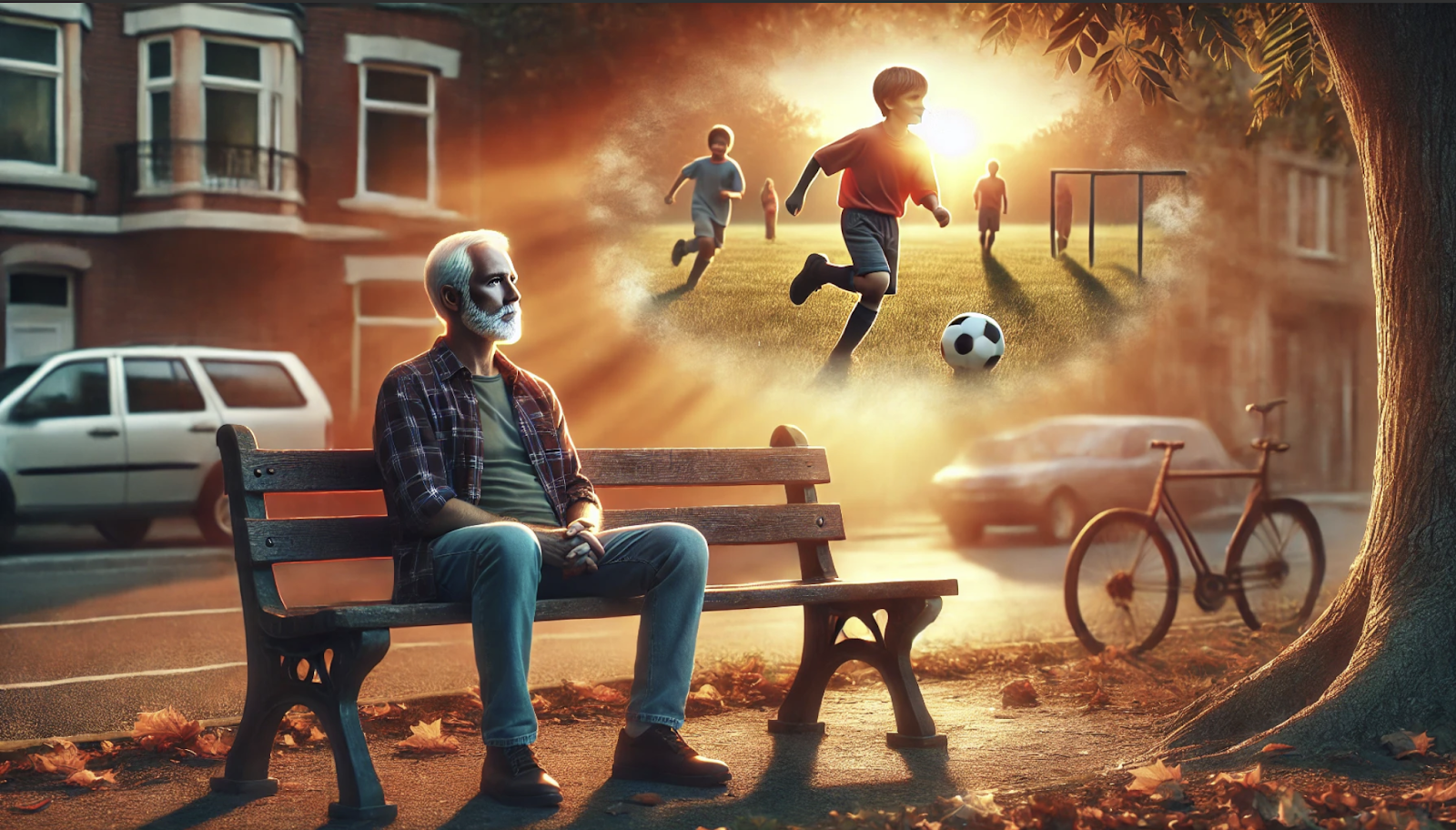 An elderly man sitting alone on a park bench, lost in thought, while a dreamlike memory of his childhood playing soccer with friends appears above him, symbolizing a flashback