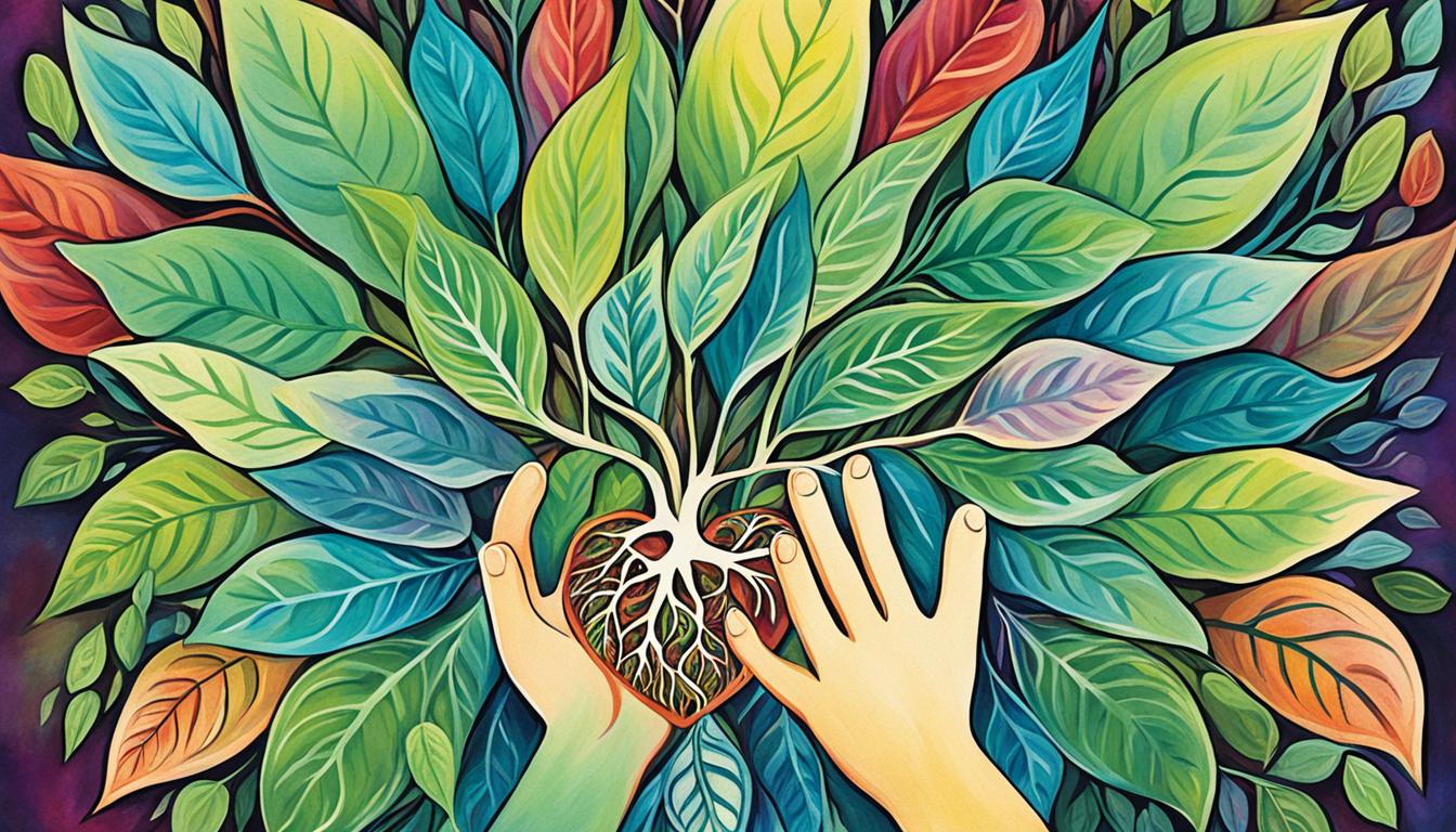 An image of a plant growing from within a person's chest, their hands resting gently on their heart as they radiate an aura of love and self-affirmation. The leaves of the plant are heart-shaped, and each one represents a different aspect of their personality that they have learned to love and nurture. The soil is rich and vibrant, symbolizing the fertile ground they have created within themselves for positive growth and healing. Rays of sunlight stream down from above, indicating the divine support they receive when they embrace their truest selves.