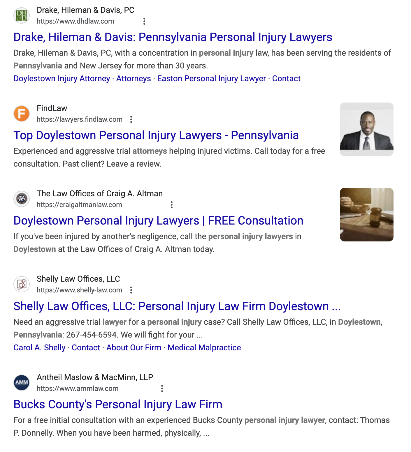 The example of the localized organic listings of personal injury law firms in Doylestown, Pennsylvania