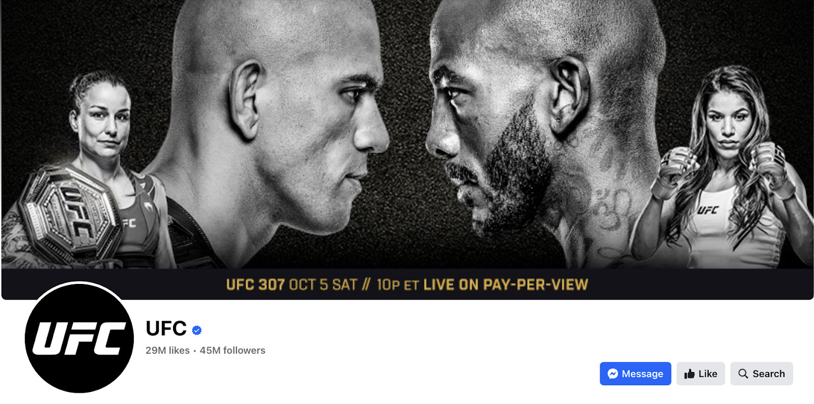 UFC's Facebook cover photo featuring two men in a faceoff and the date and time of the match.