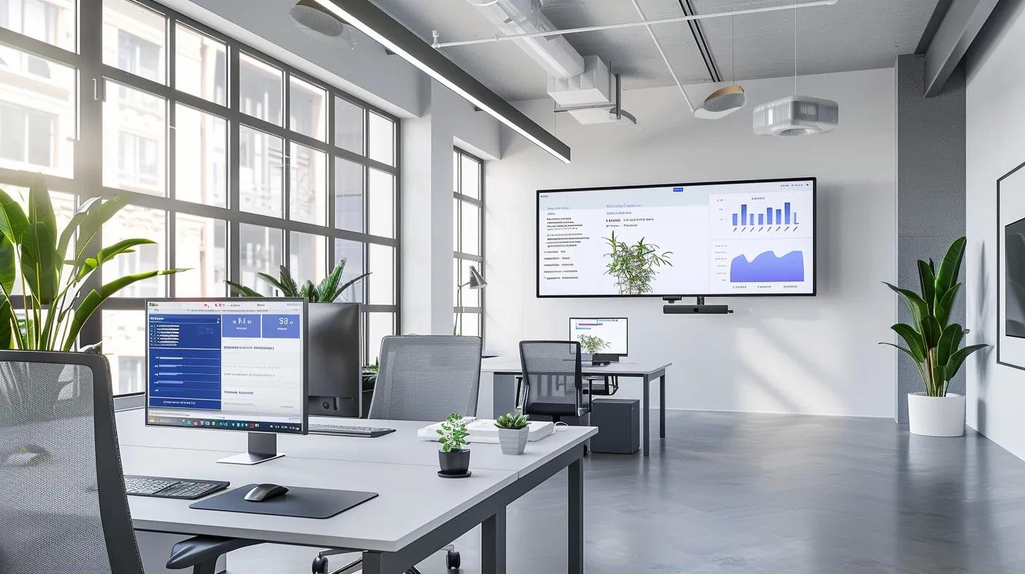 a sleek, modern office workspace showcases a minimalist web design interface on a high-resolution screen, dominated by generous white space, bold typography, and a monochromatic colour palette, exuding sophistication and clarity amid an uncluttered layout.