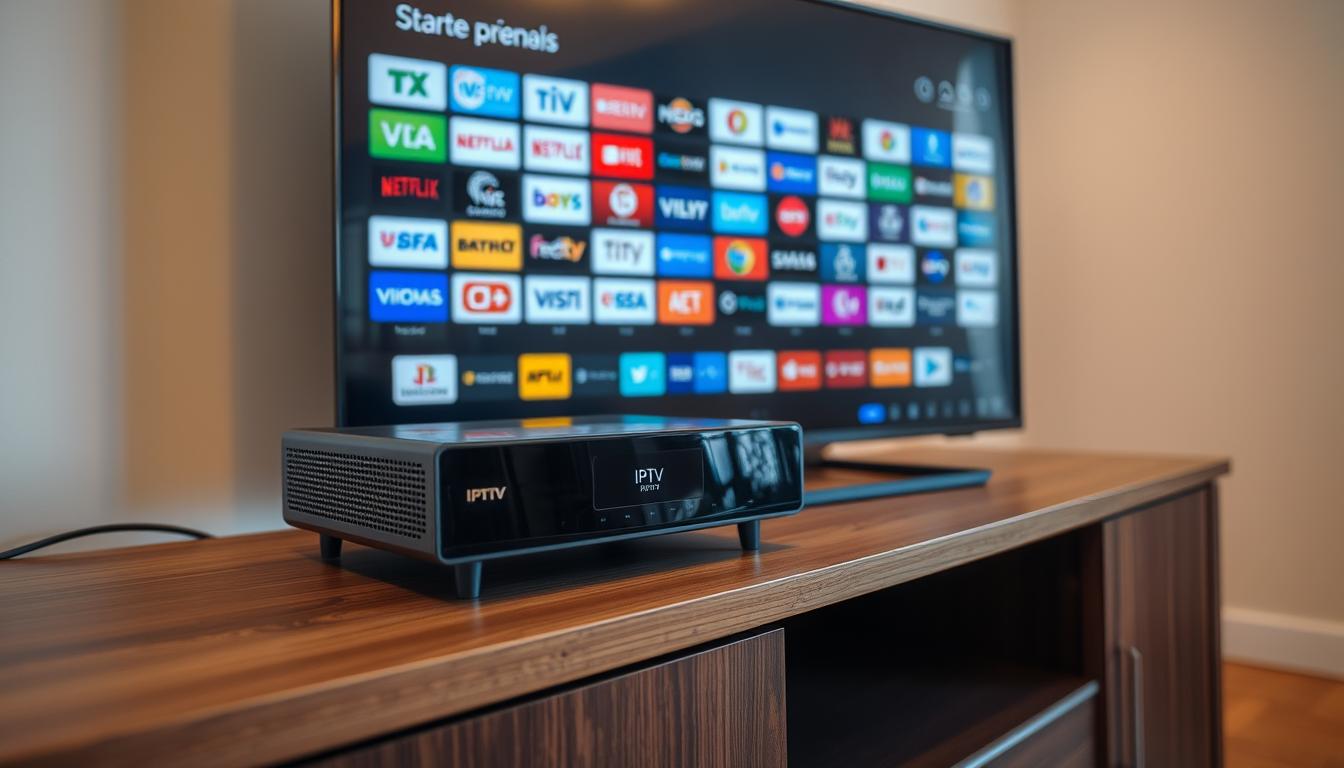 A sleek, modern IPTV set-top box sits atop a wooden media cabinet, displaying a vibrant, high-definition video feed on a large, flat-screen television. The screen showcases a diverse array of channel logos, symbolizing the extensive IPTV channel selection available in Brazil. The lighting is soft and warm, creating a cozy, inviting atmosphere. The camera angle is slightly elevated, capturing the setup in a visually appealing, three-dimensional perspective. The overall scene conveys the convenience, accessibility, and vast content options that IPTV technology offers to Brazilian viewers.