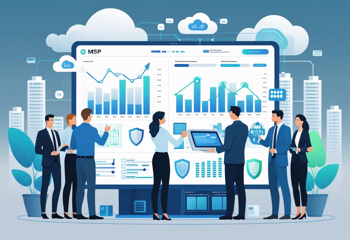 Business professionals working together with a technician managing digital tools and cloud services, illustrating support during business growth.