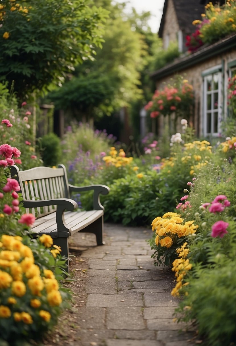 A row of garden benches nestled among colorful flowers and lush greenery in front of a charming house