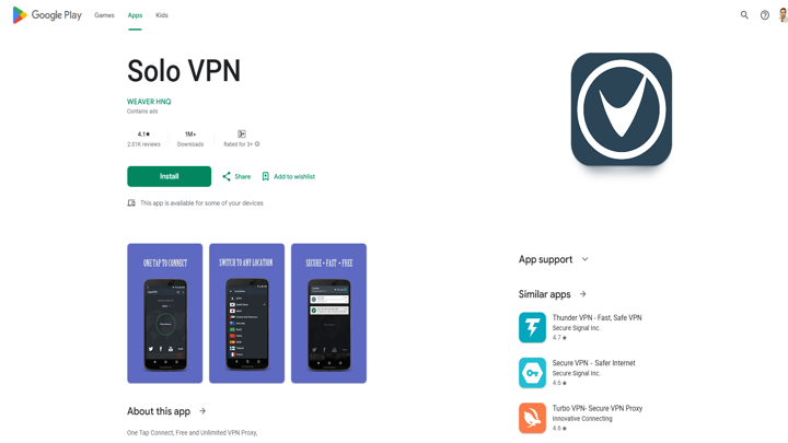 Solo VPN download from Play Store