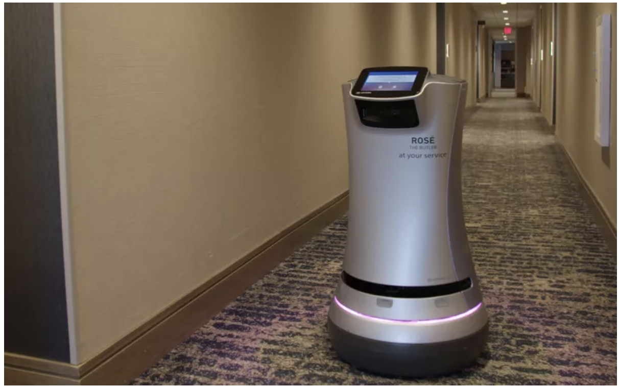 Room service delivery robots in a lobby