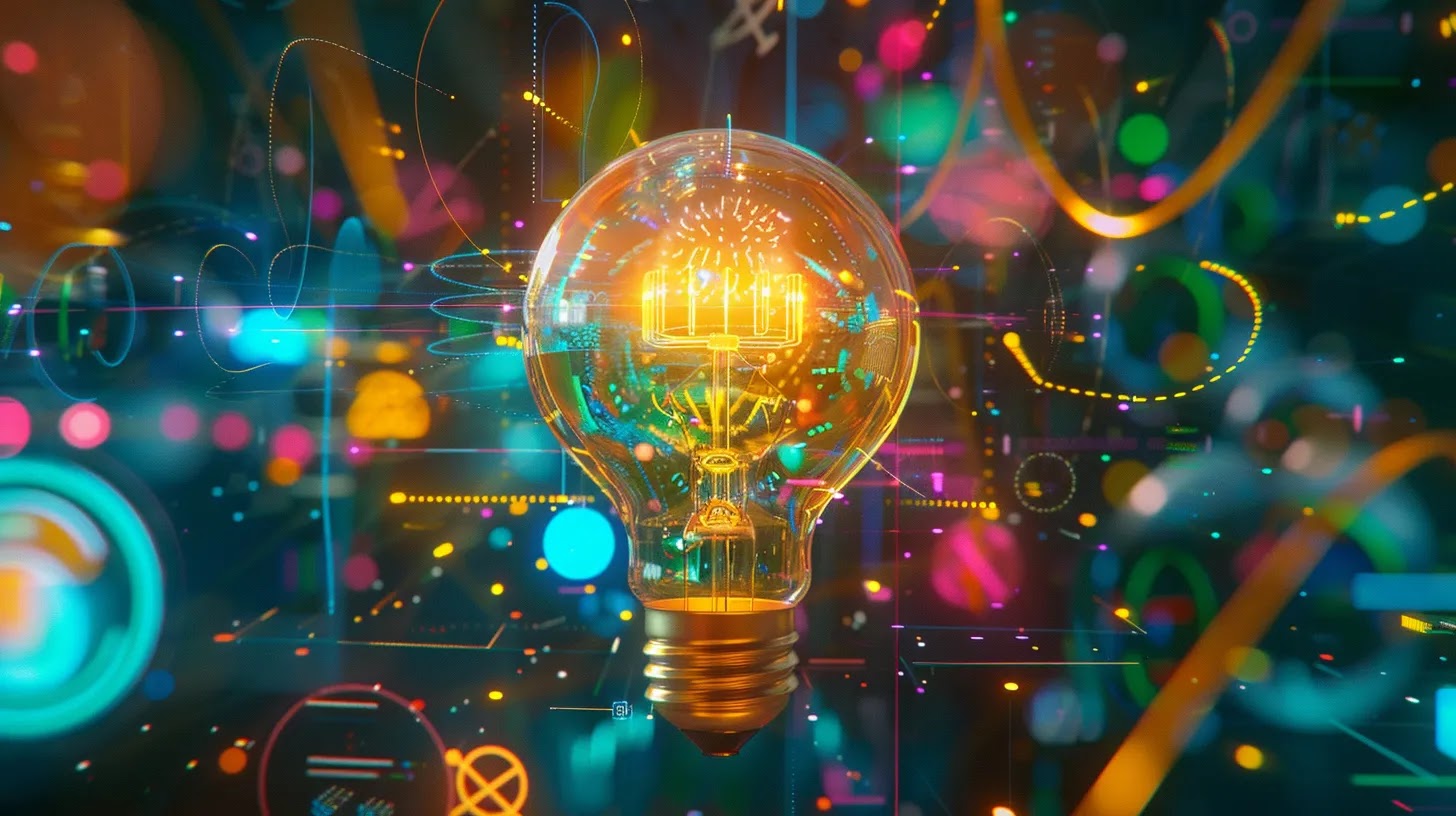 a vibrant, artistic representation of a light bulb surrounded by colorful graphs and symbols, illustrating the spark of a unique value proposition that sets a brand apart in a crowded marketplace.