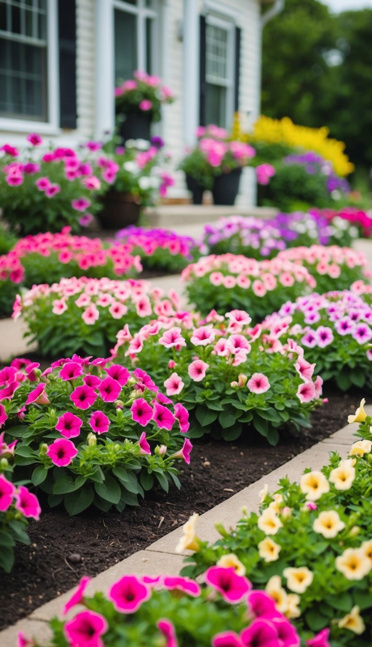 Twenty-one petunia flower beds line the front of the house, creating a colorful and vibrant display