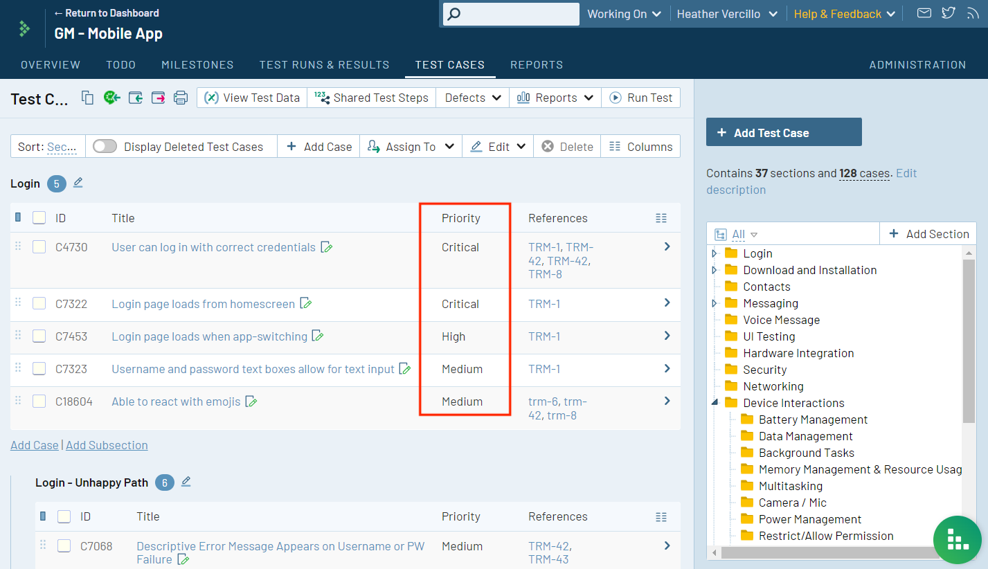 Organize your TestRail test case repository based on priority.