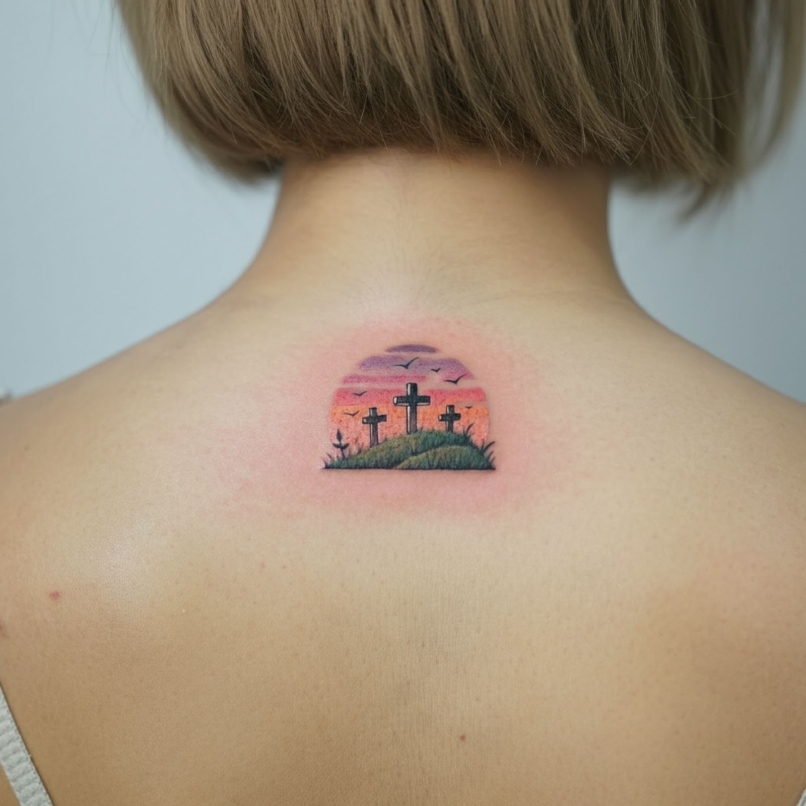 Three Crosses on a Hill with a Sunset Background Tattoo
