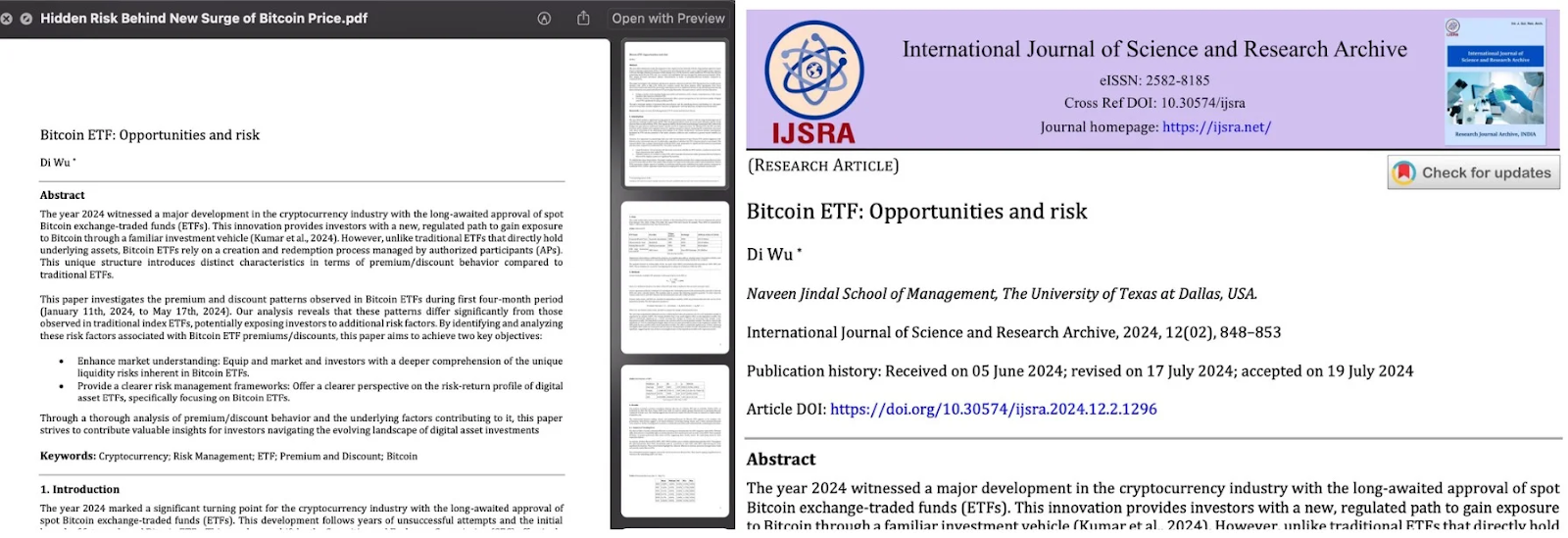 The fake PDF displayed to targets (left) and the original source document hosted online (right)