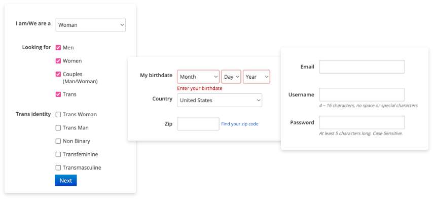 FriendFinder-X registration process and included sections.