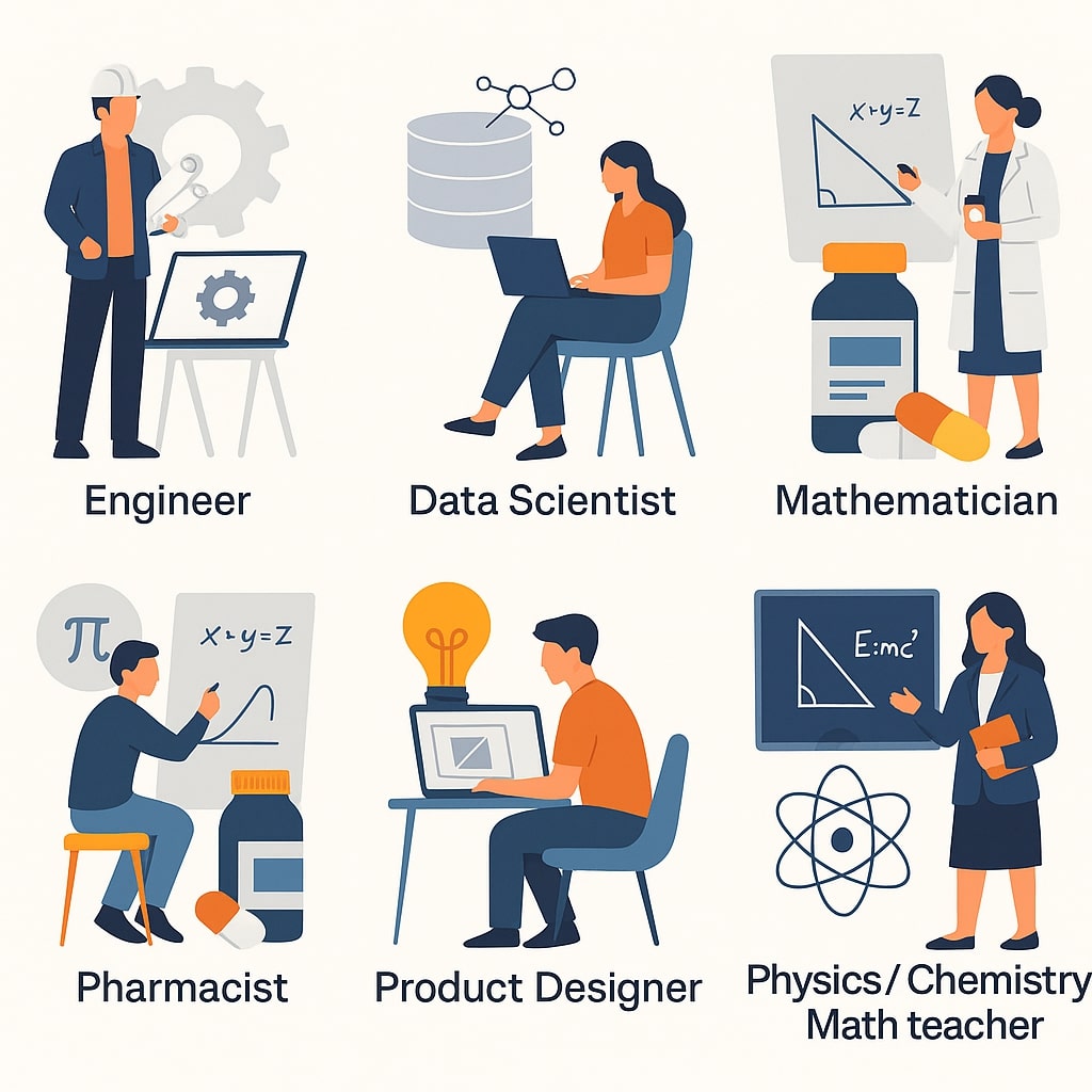 Illustration showcasing six career options after choosing the Science stream:

Engineer – person standing beside mechanical gear and tools.
Data Scientist – person working on a laptop with data server and molecular model in background.
Mathematician – person writing equations beside medicine bottles, indicating research or pharmaceutical math.
Pharmacist – person analyzing formulas with pills and medicines beside.
Product Designer – person working on a computer with a light bulb symbolizing innovation.
Physics/Chemistry/Math Teacher – woman pointing to a physics formula and atom symbol, representing teaching careers in science.
Each figure is styled in a modern, flat vector design emphasizing STEM careers.