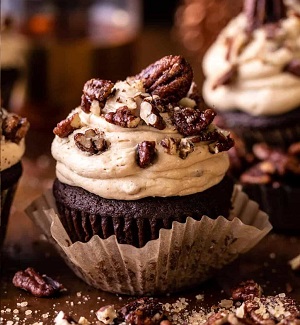 Chocolate Bourbon Pecan Pie Cupcakes with Butter Pecan Frosting