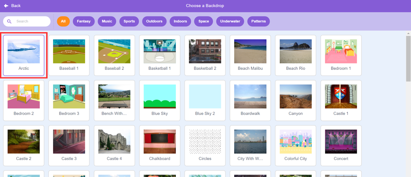 select the arctic backdrop in scratch