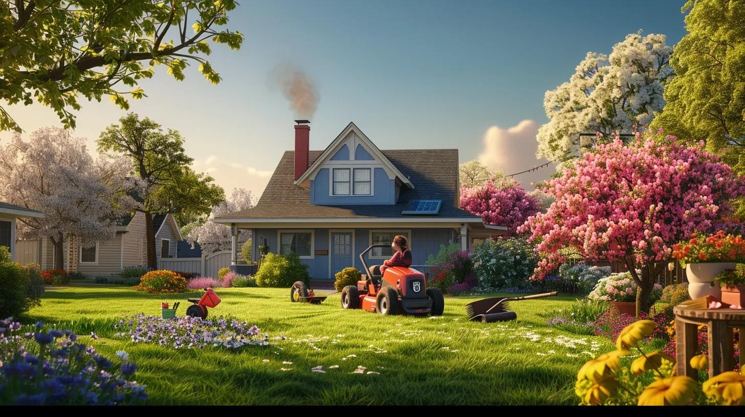 A vibrant springtime suburban lawn scene with lush green grass, blooming flowers, a person using a lawnmower, and gardening tools like a rake and watering can nearby. The sky is clear blue with soft sunlight, showcasing a well-kept yard in front of a cozy home.